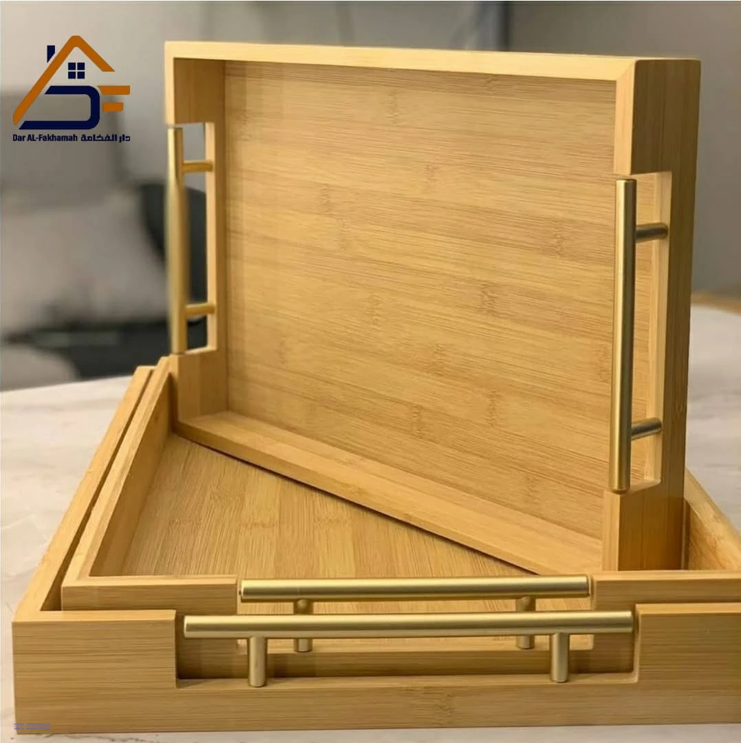 طقم صحون تقديم خشبية بمقبض ستيل