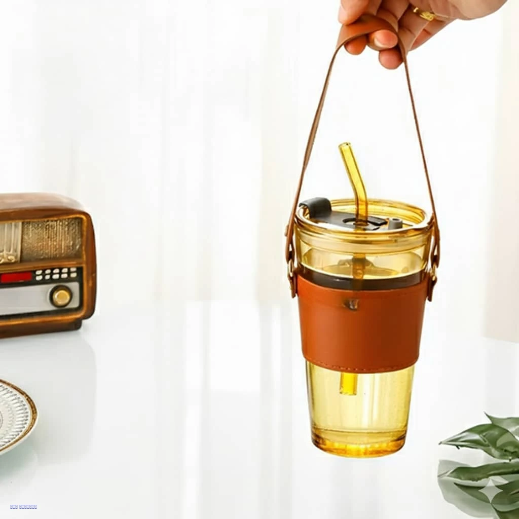 كوب عصير زجاجي بمقبض جلد مع حامل جلدي